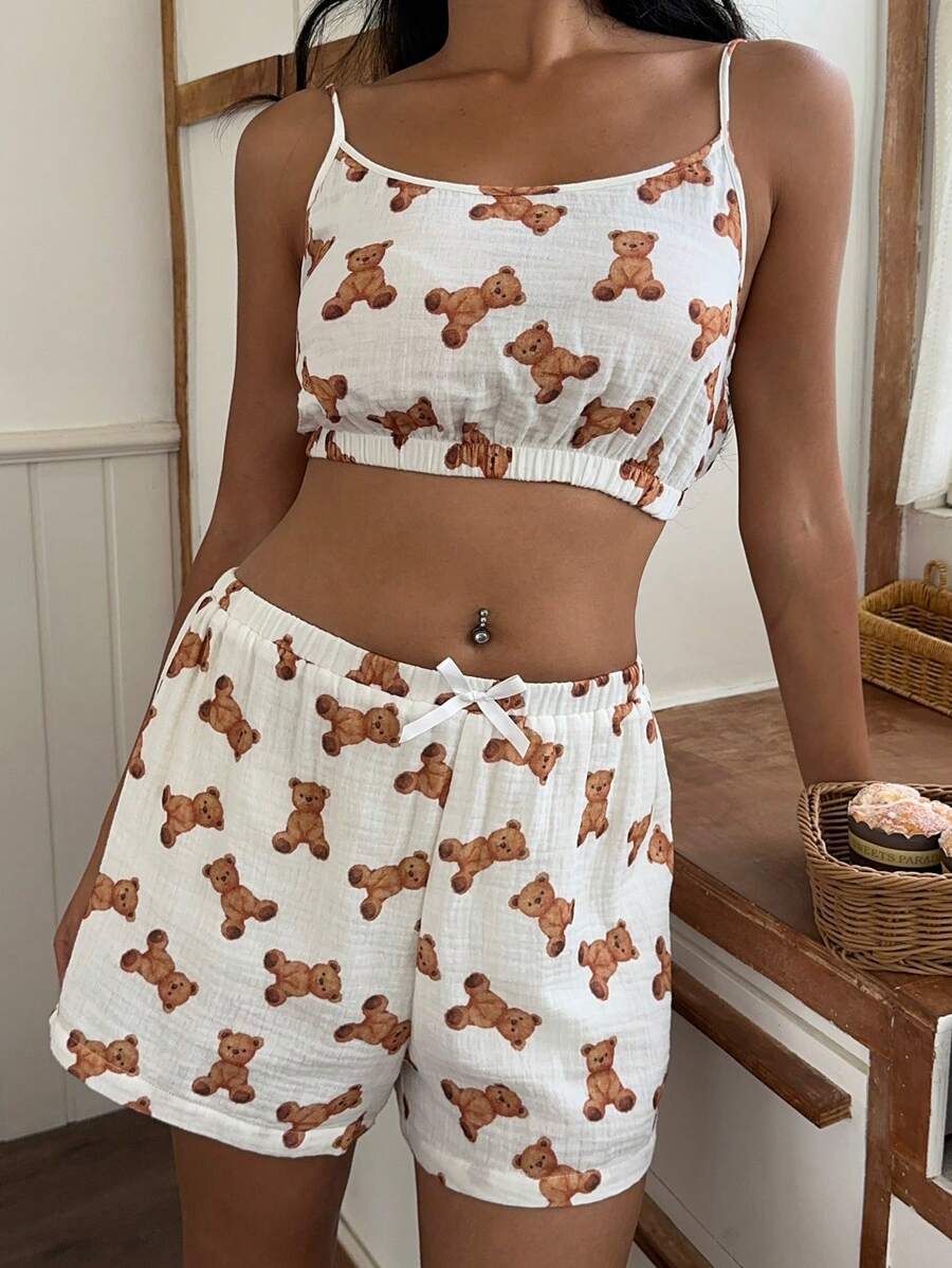 SHEIN EZwear New Ladies Bear Print Tank Top And Shorts/Trousers 3 Sets, Suitable For Daily Home, Cute Cartoon Clothes Suitable For Summer