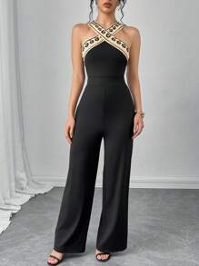 SHEIN Clasi 女式黑白拼色露背修身阔腿裤，情人节装 - 彩色 - 查看 6