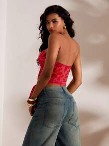 Opulessa Summer Beach Vacation Holiday Outfits Knitted Mesh Print Slim Fit Cropped Hollow Out Women Top - Red - View 2