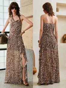 SHEIN LUNE Damen Chiffon Rüschensaum. Böhmischer Vintage-Druck, asymmetrisches Schlitzdesign, Neckholder-Rückenloses Maxikleid, Sommer, Urlaubsoutfits Frau, Urlaubskleid