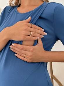 SHEIN Fashion Asymmetrical Round Neck Short Sleeve Nursing & Maternity Top T-Shirt - Navy Blue - View 6