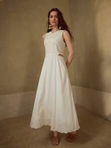 MOTF PREMIUM V领刺绣镂空腰部连衣裙 - 白色 - 查看 5