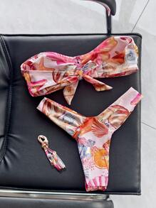 Swim Vcay Ocean Element Print Detachable Strap Ruched Front Swimsuit Set, Vacation Style - Multicolor - View 2