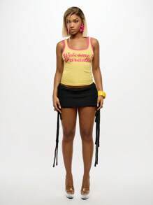 SUMWON WOMEN 针织流苏迷你裙节日波西米亚风 Y2K 风格夏秋季钩针短侧系带时尚单品俱乐部派对迷你裙 - 黑色 - 查看 3