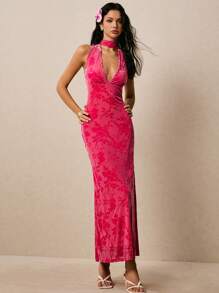 Poéselle Flocked Jacquard Material Halter Elegant Dress,Women Birthday Outfit - Hot Pink - View 3