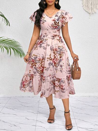 SHEIN Lady Vestido de vuelo con estampado floral, volantes, pliegues en el dobladillo, cinturón - Vestido midi casual, elegante para fiestas, eventos, oficina, vacaciones