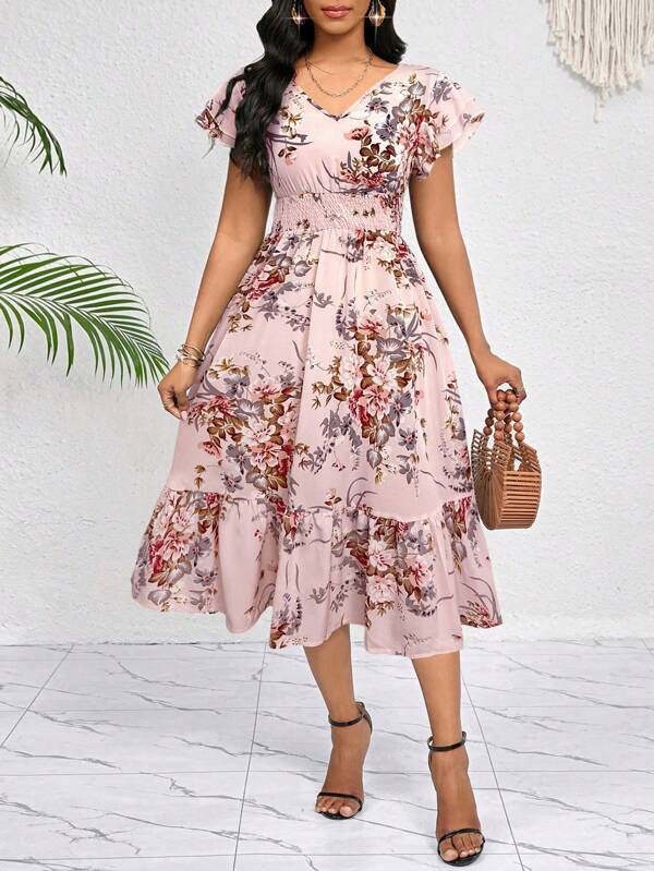 SHEIN Lady Floral Print Ruffle Trim Pleated Hem Belted Dress Midi Dress Casual Everyday Elegant Party Four Seasons Birthday&Event Dresses /Office Dresses /Holiday Dresses,Bohemian Clothes,Dresses For Women Summer