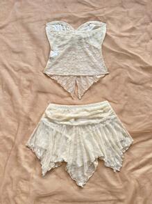 Soleia Women Lace Halter Top And Skirt Set, Apricot Colour, Suitable For Vacation, Beach, Music Festival, Party, Summer Outfit - Apricot - View 2