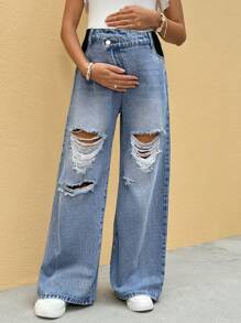 SHEIN 孕妇度假休闲不对称腰带破洞牛仔长裤 - 藍色 - 查看 7