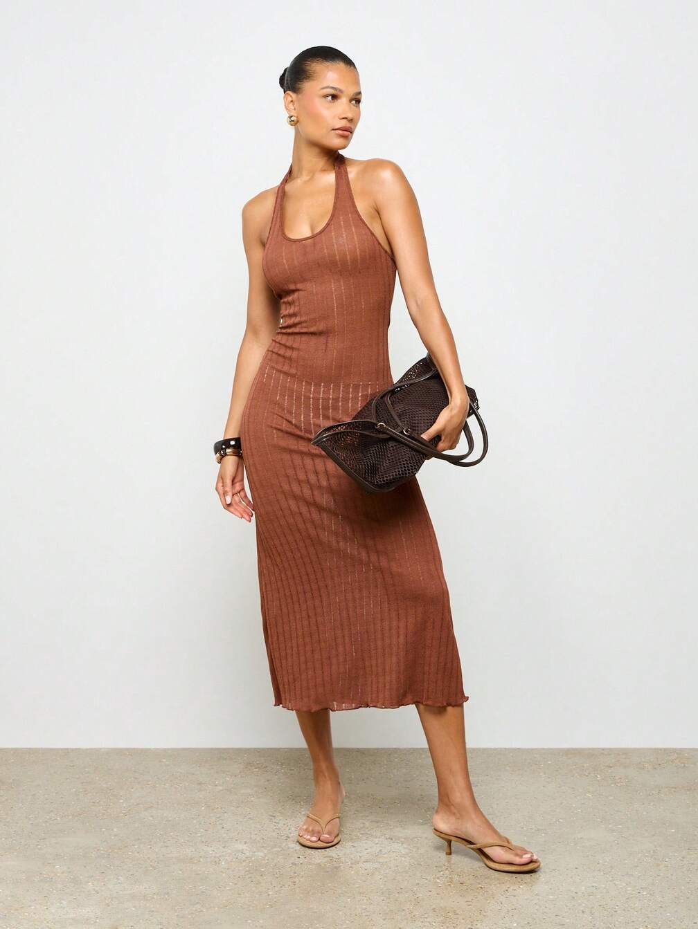 rib-knit halter midi dress AiiRZ Ribbed Knit Halter Neck Midi Dress Modern Summer Sleeveless Bodycon  Vacation Beach Resort Wear Stretch Evening Party Holiday｜MISSGUIDED