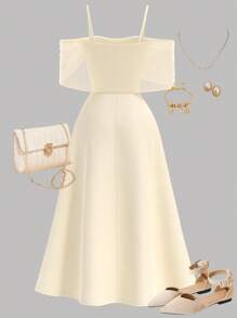 SHEIN Girlism 少女 3D 花朵装饰褶饰双层 A 字裙，适合节日、派对、正式场合、婚礼、返校季