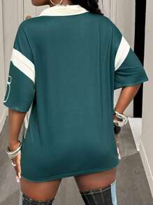 Slaydiva 2025新款春夏休闲街头学院风翻领POLO领短袖撞色杏色领落肩俏皮字母印花条纹25数字复古图案印花杏绿色针织女T恤-A - 彩色 - 查看 2