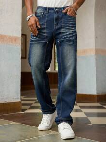 Manfinity Homme Men's Pocket Straight Loose Casual Versatile Jeans Streetwear Jeans - Blue - View 6