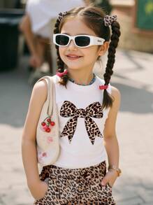 Young Girl Casual Minimalist Cartoon Leopard Print Bow Pattern Sleeveless Round Neck Top, Suitable For Summer - Multicolor - View 4