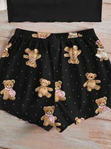 SHEIN Leap Crew Tween Girls Casual Simple Fitted Camisole Top And Shorts Pajama Sets, Suitable For Summer