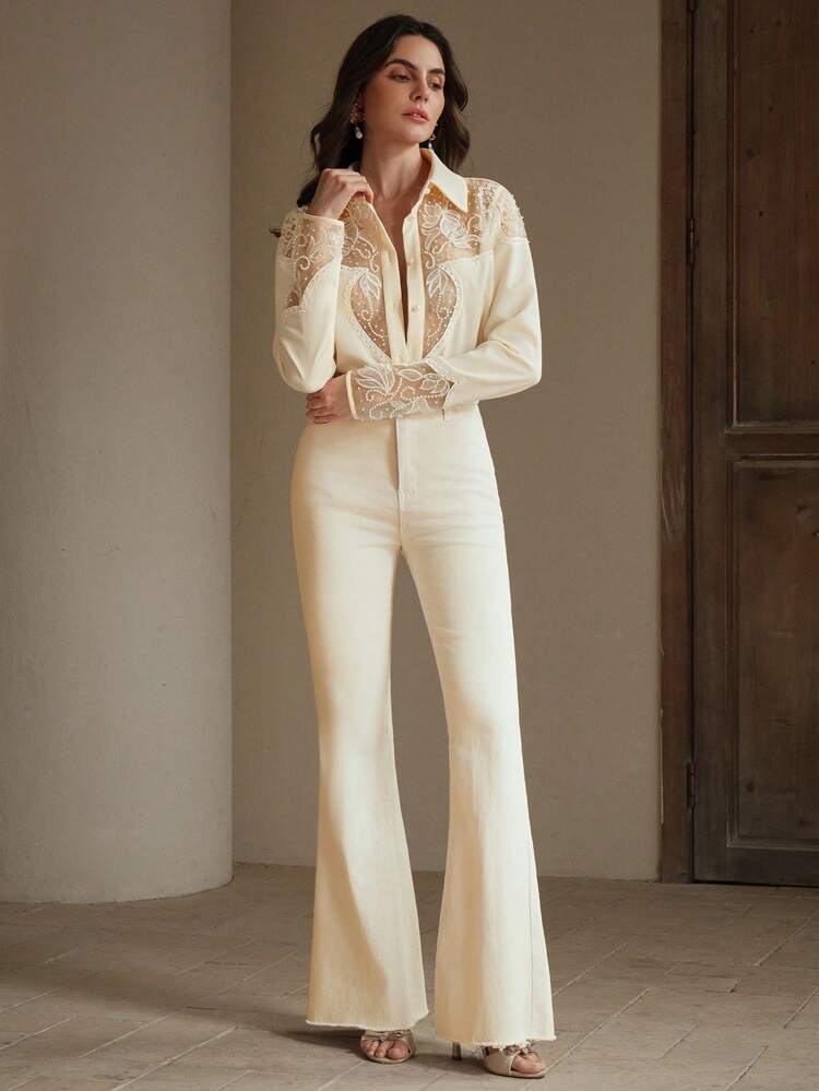 Élégant Chemisier à manches longues pour femme Oldmoney mode, inspiré du style occidental, avec détail de broderie ajourée perlée