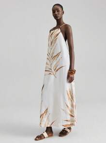 Ontre Women's Teacher Outfit, New Design 2025, Independence Day, Women's Airport Casual Wear, Holiday Style, Print Pattern, Spaghetti Strap Design, Beaded Design, Women's Maxi Dress, Oversized Fit, Side Slit, Straight Skirt, Summer Clothing, Daily Wear, Holiday Dress Palm Tree Dress Island Dress Flow Dress Silk Dresses Resort Wear