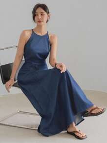 Dazy-Less Minimalist Natural Washed Waist Cinching Casual Suspender Dress With Fish Tail Flared Hem, Commuter Women Mid-Long Denim Dress - Medium Wash - View 1