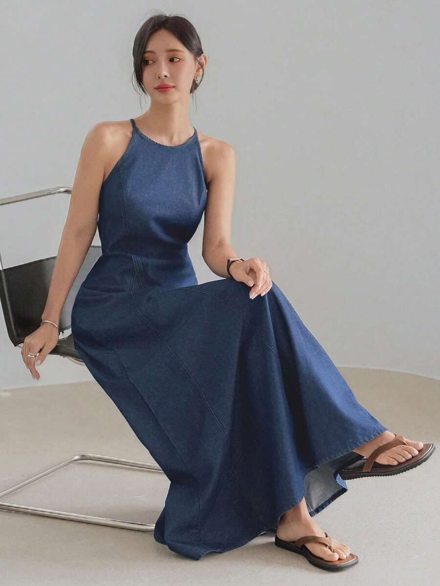 Dazy-Less Minimalist Natural Washed Waist Cinching Casual Suspender Dress With Fish Tail Flared Hem, Commuter Women Mid-Long Denim Dress - Medium Wash - View 1