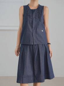 Dazy-Less Costum elegant de damă din denim, stil business, casual, cu imprimeu de birou, model cardigan, plisat, fustă A-line, cu buzunar, pentru naveta, costum elegant din 2 piese