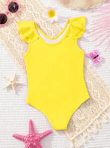 SHEIN Babygirl Pink Ruffle Trim One-Piece Swimsuit, Summer - Yellow - View 2