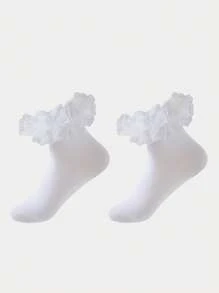 ROMWE Kawaii Women's Fashionable Mid-Calf Socks With Hollow Ruffled Design - White - View 1