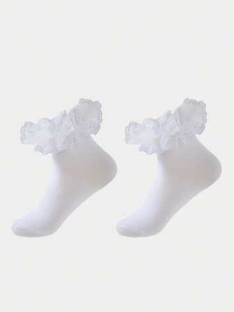 Kawaii Calcetines de media pantorrilla de moda para mujer con diseño hueco y con volantes