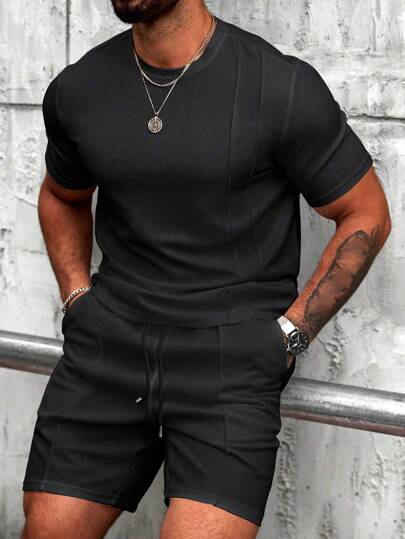 Manfinity CasualCool Men's Summer Basic Solid Color Knitted Casual Round Neck Short Sleeve Two Pieces Suit, Suitable For Daily Casual Wear, Suitable Gifts For Husband And Boyfriend