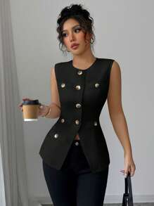 Elenzga 白色无袖法式优雅高品质简约通勤百搭舒适开襟背心，收腰，修身，春夏