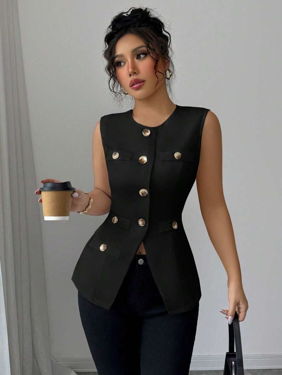 Elenzga 白色无袖法式优雅高品质简约通勤百搭舒适开襟背心，收腰，修身，春夏