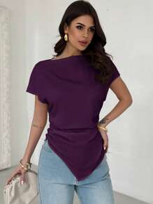 Firerie Women Solid Color Short Sleeve Ruched Asymmetric Hem Blouse Purple - Purple - View 5