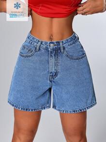 SHEIN PETITE Short en jean décontracté, ample et polyvalent pour femme avec poches, jambe ample