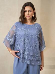 Chikora Curve Plus 女式浪漫优雅蓝色圆领荷叶袖多层下摆刺绣衬衫 + 松紧腰阔腿裤 正式两件套、职业女装、女式婚礼宾客礼服、女式工作服、夏季两件套、女士节日服装、女式教堂服装、女士两件套、女士两件套、女士夏季服装、度假、服装、Curve Plus、女士快速发货、蕾丝上衣 - 藍色 - 查看 7