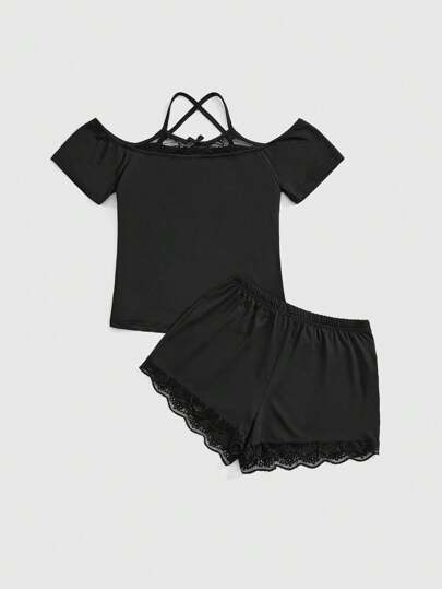 Goth Gothic Casual 2-In-1 Camisole Single Shoulder Top And Shorts Pajama Set
