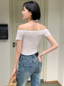 SHEIN LUNE Áo cánh ren hở thêu thanh lịch cho nữ - trắng - Xem 2