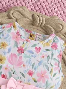 SHEIN Young Girl Floral Print With Bow Decor Sleeveless Round Neck Dress - Multicolor - View 3
