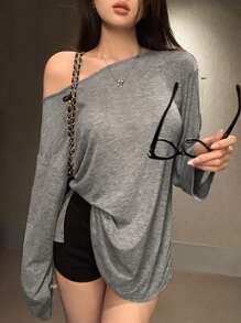 DAZY Maglietta oversize da donna con spalle scoperte e spacchi, top grigio con spalle scoperte, top con spalle scoperte, maglietta con spalle scoperte, abbigliamento autunnale da donna a maniche lunghe - Grigio - Visualizzare 6