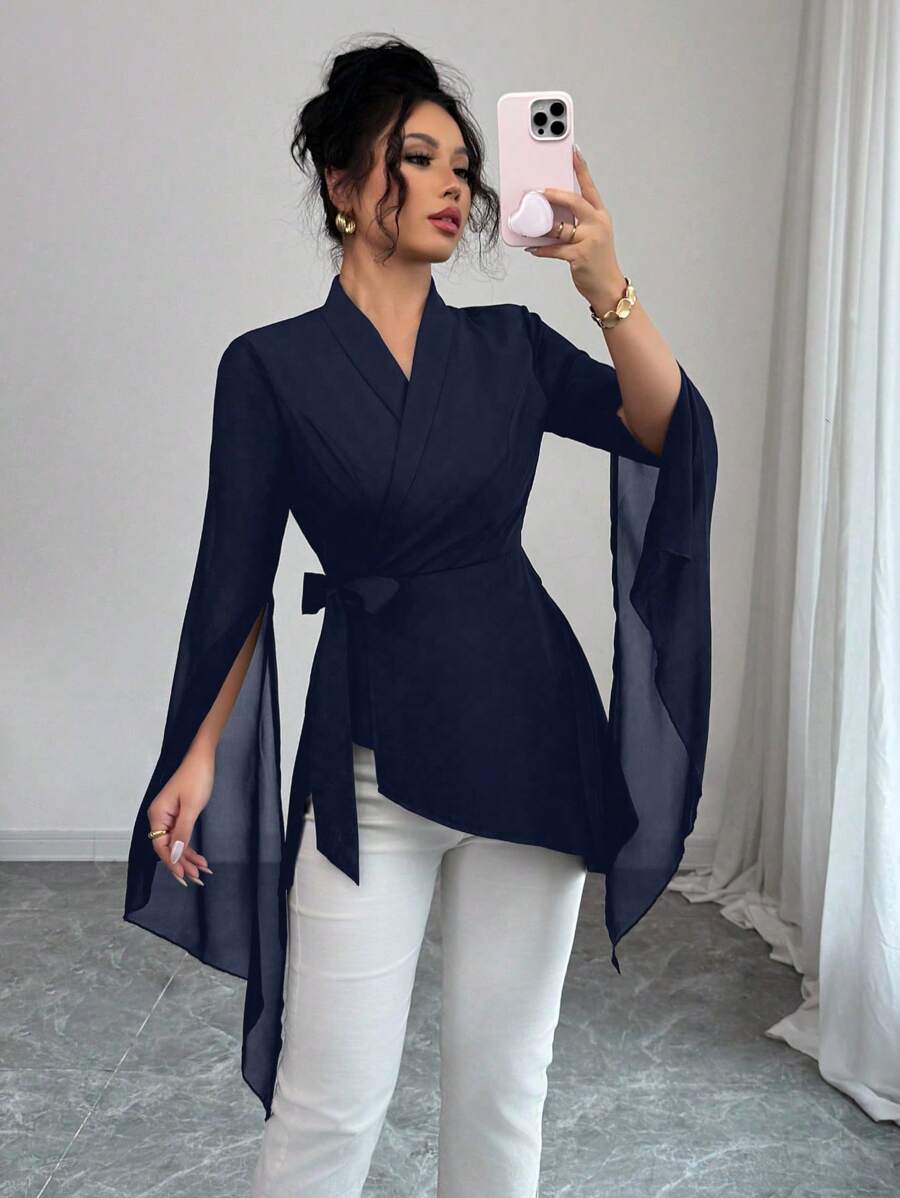 Elenzga Blusa elegante de mujer con mangas asimétricas tipo capa para uso diario, de gasa con cintura ceñida - Azul Marino - Ver 1