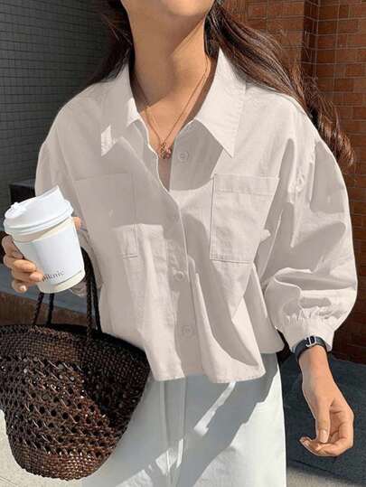 Jouncy Blusa casual holgada de mujer de manga larga con un solo abotonado y bolsillo