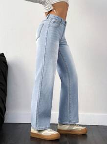 SHEIN PETITE 女士直筒宽松休闲口袋牛仔裤，百搭 - 淺色水洗藍 - 查看 3