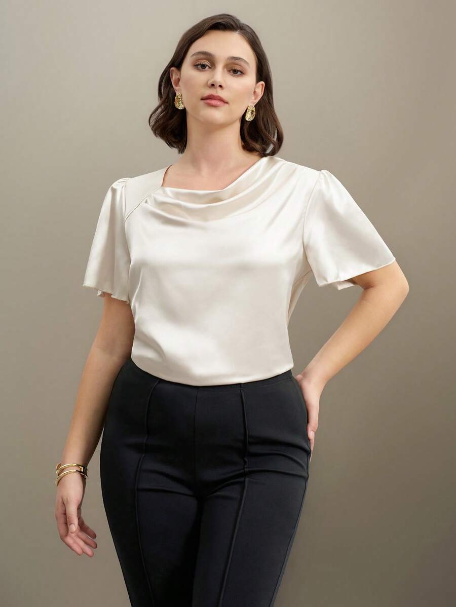 SHEIN Clasi Plus Size Women Solid Color Round Neck Elegant Casual Blouse, Suitable For Going Out, Business Casual, Summer - Apricot - View 1