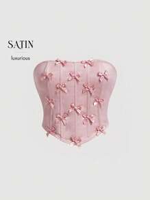 SHEIN MOD Áo thun nữ có nơ màu hồng dễ thương hình tam giác xương cá viền Plus Size - Hồng - Xem 5