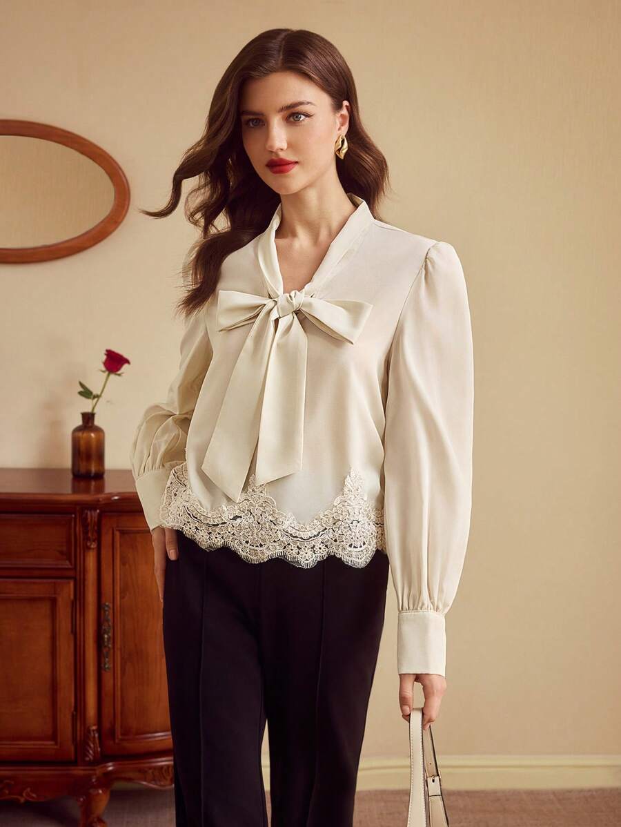 Vintamour 女式复古优雅刺绣撞色蕾丝 V 领蝴蝶结长袖衬衫，办公室商务装夏季度假乡村音乐会外出上衣