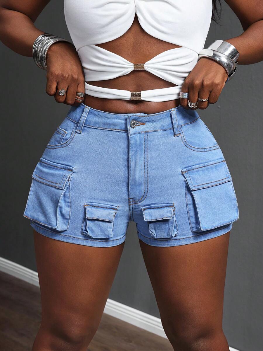 SHEIN Slayr Quần short denim gợi cảm cho nữ khi đi chơi, dự tiệc - Màu xanh lam - Xem 1