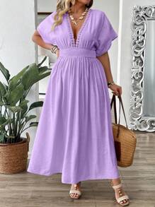 SHEIN Holidaya Plus Size Women Shirred Short Sleeve Embroidered Frill Trimmed Waisted A-Line Maxi Vacation Dress
