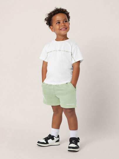 SUMWON 儿童夏季男童T恤套装图案印花圆领休闲日常休闲运动装