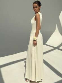 Aloruh Nuevo vestido elegante y a la moda de ajuste ceñido, en color liso, con cuello dividido de punto, sin mangas, con fruncidos