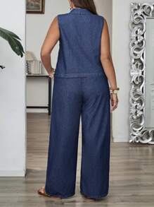 EMERY ROSE 2 Stücke Damen Große Größen Set aus Ärmellosen Top mit Schleife und Jeans Hose