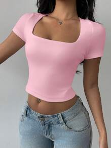 SHEIN BASICS 1pc Solid Color Knit Asymmetrical Collar Fitted Cropped Blouse For Women Pink - Baby Pink - View 4