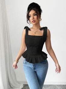 Elenzga White Jacquard Cropped Square Neck Top With Tying Strings